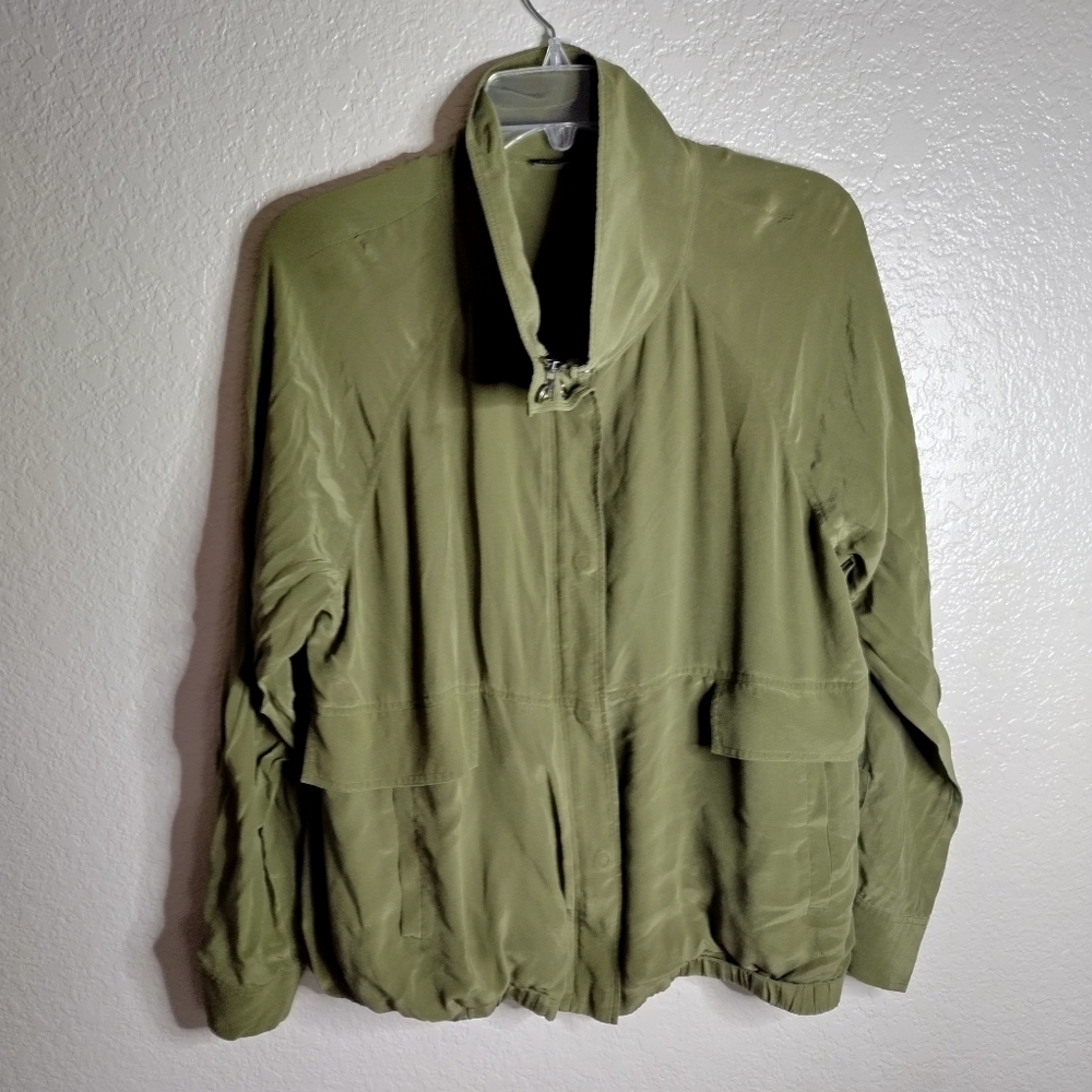 Eileen fisher silk crepe green full zip jacket sz L